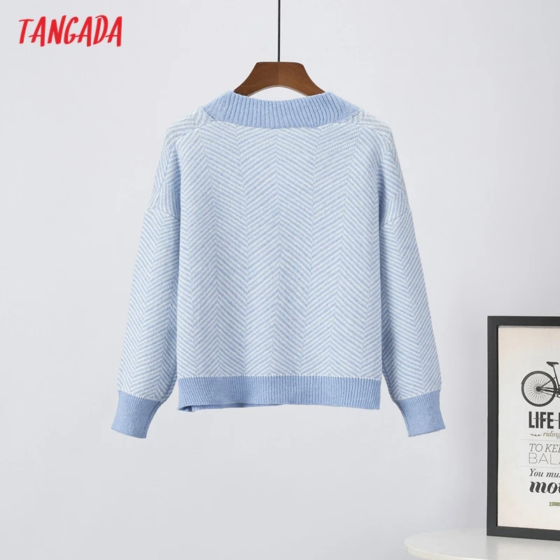 

Tangada 2021 Women Striped Knitted Cardigan Sweater Jumper Vintage Long Sleeve Female Office Lady Outerwear 7A12