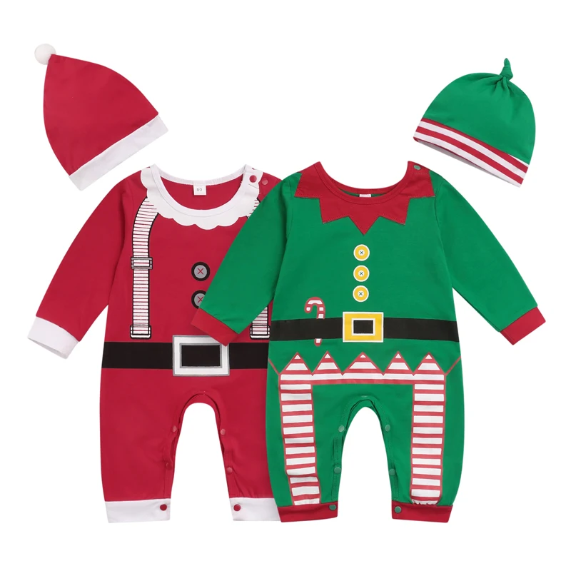 

2Pcs Baby Christmas Outfit 0-12M Santa Claus Long Sleeves Snaps Jumpsuit +Christmas Hat for Toddlers Girls Boys Winter Jumpsuits