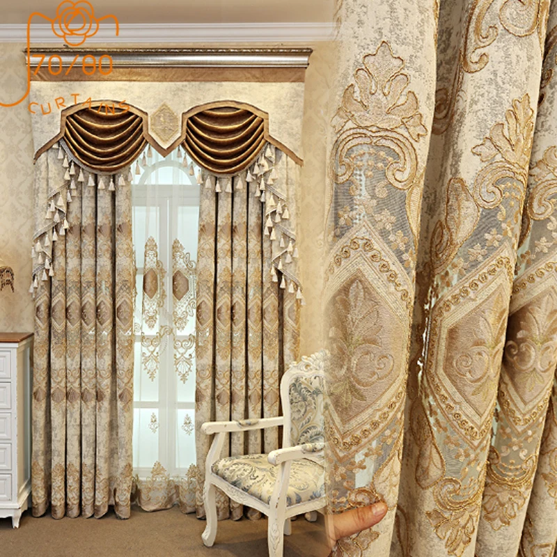 

European and American luxury high quality elegant beige chenille embroidered blackout curtains for living room windows bedroom