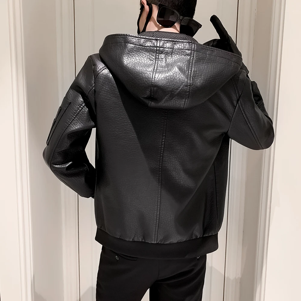 Мужская мотоциклетная кожаная куртка с капюшоном модная мужская байкерская из