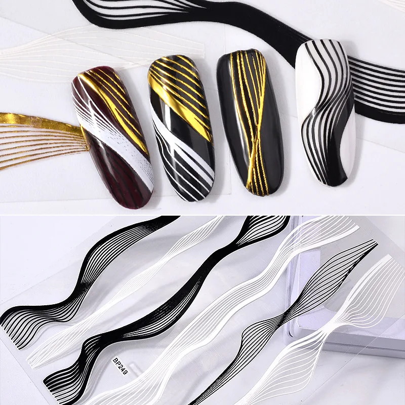 

3D Nail Sticker Black Silver Multi-size Lines Adhesive Transfer Sticker ManicureGold Metal Wave Strip Nail Art Decorations
