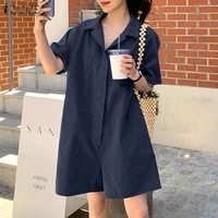 stylish solid overalls womens button down playsuits zanzea 2021 short sleeve casual lapel short rompers female shorts oversized