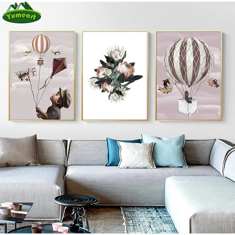 Абстрактный милый мальчик Летающая мечта и воздушный шар на холсте