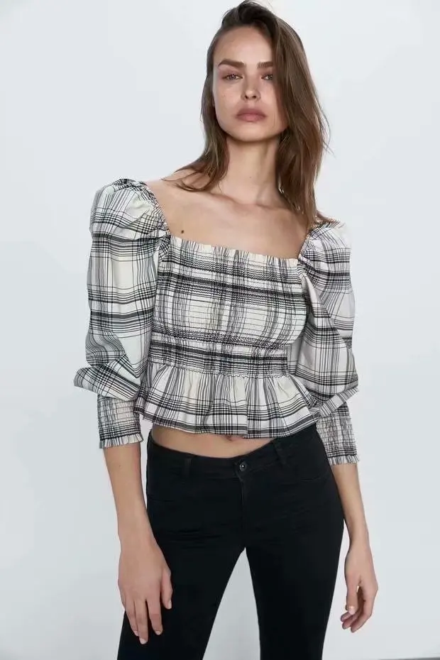 

2020 New Arrival Spring Summer Square Collar Long Sleeve Blouse Shirt Women Vintage Sexy Fashion Plaid Print Crop Top Female