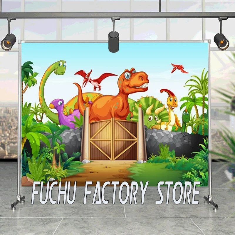 

Cartoon Dinosaurs Spring Park Grass Trees Jurassic Background Children Birthday Party Decorated Studio Photography Backdrop