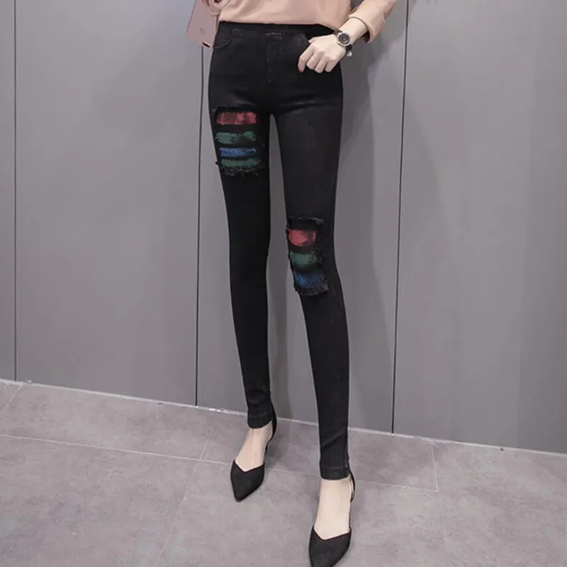 

2021 Spring Autumn Women Personality Washed Denim Trousers Female Skinny Painted Pattern Patchwork Jeans Pencil Pants f20
