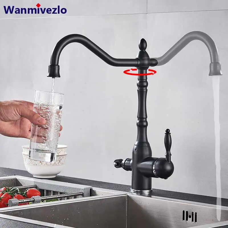 Черный очищающий смеситель для кухни вращение на 360 градусов горячей и холодной