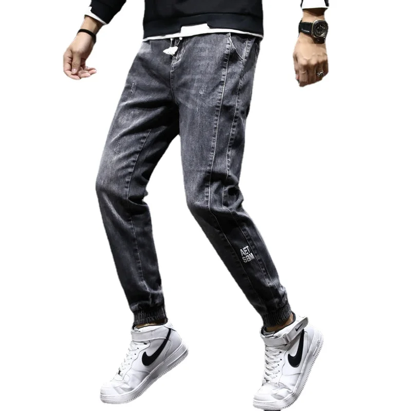 Elastic Waist Patchwork Jeans Men's Straight Denim Korean Fashion Clothing Letter Print Loose Casual Harem Pants Black Jeans Men