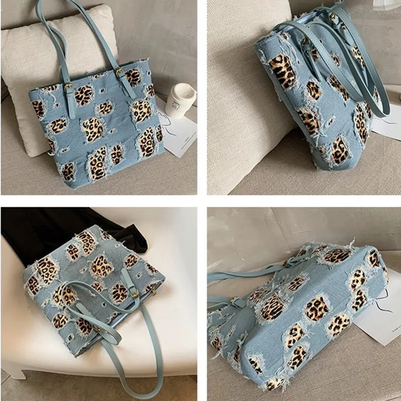 

2020 Patchwork Leopard Print Shopping Bag Double Shoulder Canvas Bags Zipper Reusable Eco Shopping Bag Book Bag Bolsas De Tela