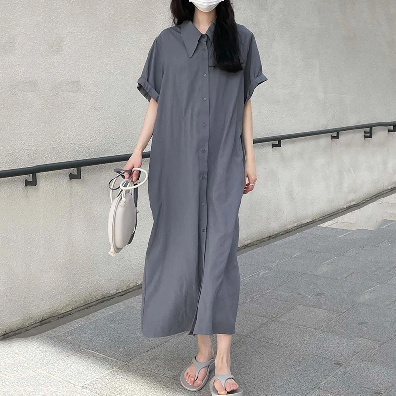 

Kimotimo Simplicity Solid Shirt Dress Women Korean Lazy Style Turn-down Collar Single Breasted Loose Casual Long Dresses Summer