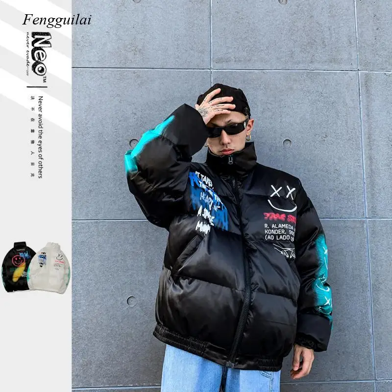 2021 Hip Hop Thick Jacket Parka Happy Graffiti Print Men Windbreaker Streetwear Harajuku Winter Padded Jacket Coat Warm Outwear