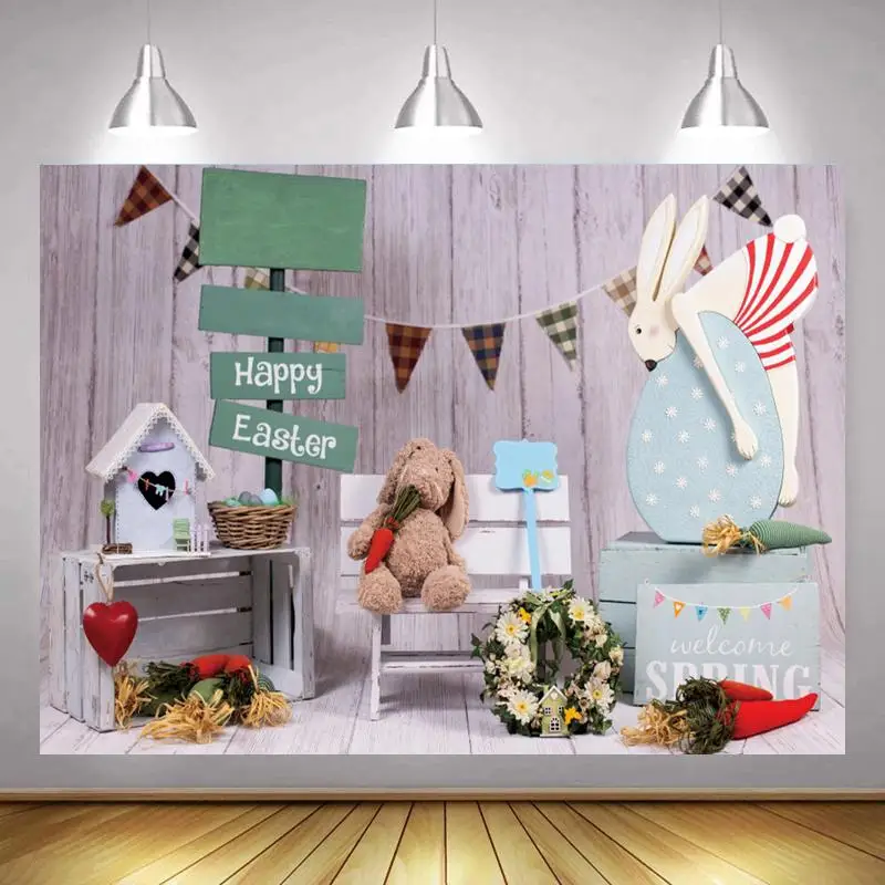 

Easter Children Birthday Background Spring Photo Studio Bunny Decoration Door Decor Portrait Backdrop Carrot Flowers Vinyl Props