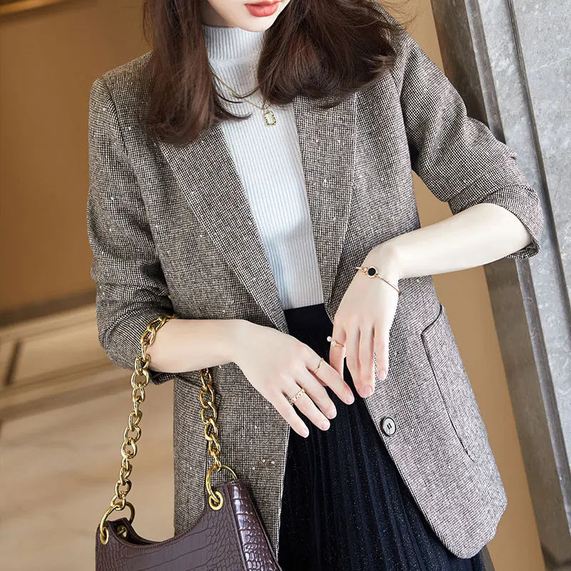 Boliyae Autumn and Winte New Women's Wool Coat Fashion Blends Blazer Sequins Long Sleeve Overcoat Female Slim Jacket Chic Tops | Женская