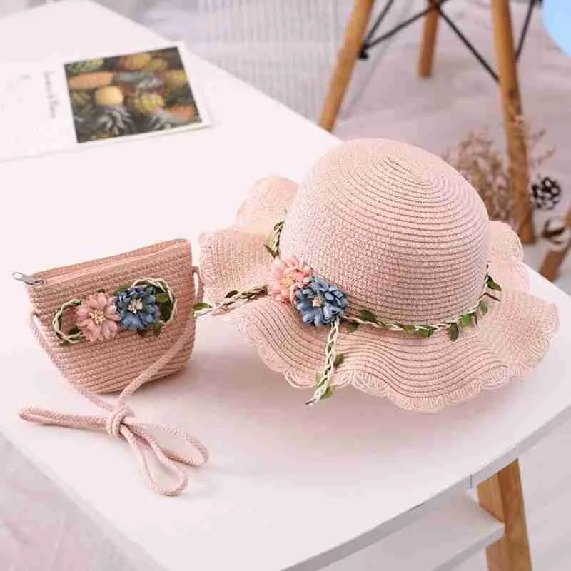 

2021 Child Summer New Straw Hat 2-6Y Female Baby Girls Hat Matching Bag Korean Sun Shade Flower Pot Hat Beach Beach Hat Matching