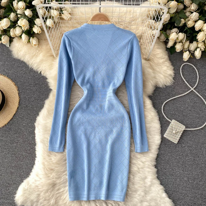 

Spring Autumn Vintage Long Sleeve Knitted Sweater Dress Women Elegant Robe Femme Fashion Streetwear Ladies Sheath Bodycon Dress