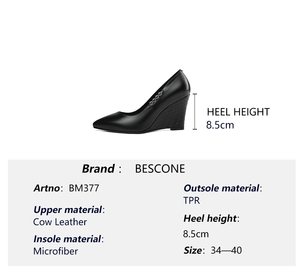 

BESCONE Spring Autumn Women Pumps Pointed Toe Wedges Super High Metal Decorarion Slip-On Shoes Mature Cow Leather Pumps BM377