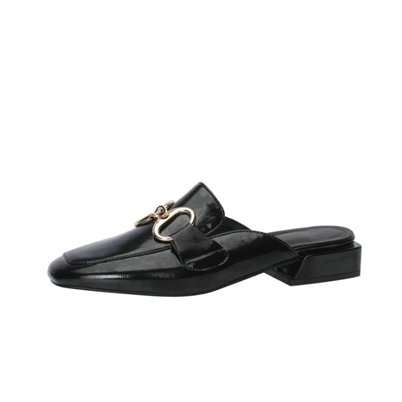 

Sianie Tianie Luxury Patent PU Leather Square Toe Chunky Low Heels Metal Chain Woman Slides Big Size 33-43 Women Slippers Mules