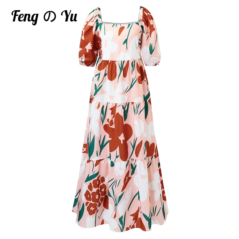 

Flower Print Pink Dress Women Short Puff Sleeve Square Neck Mini Sun Dress Elegant Summer Dress Women Clothing 6 Colors XL