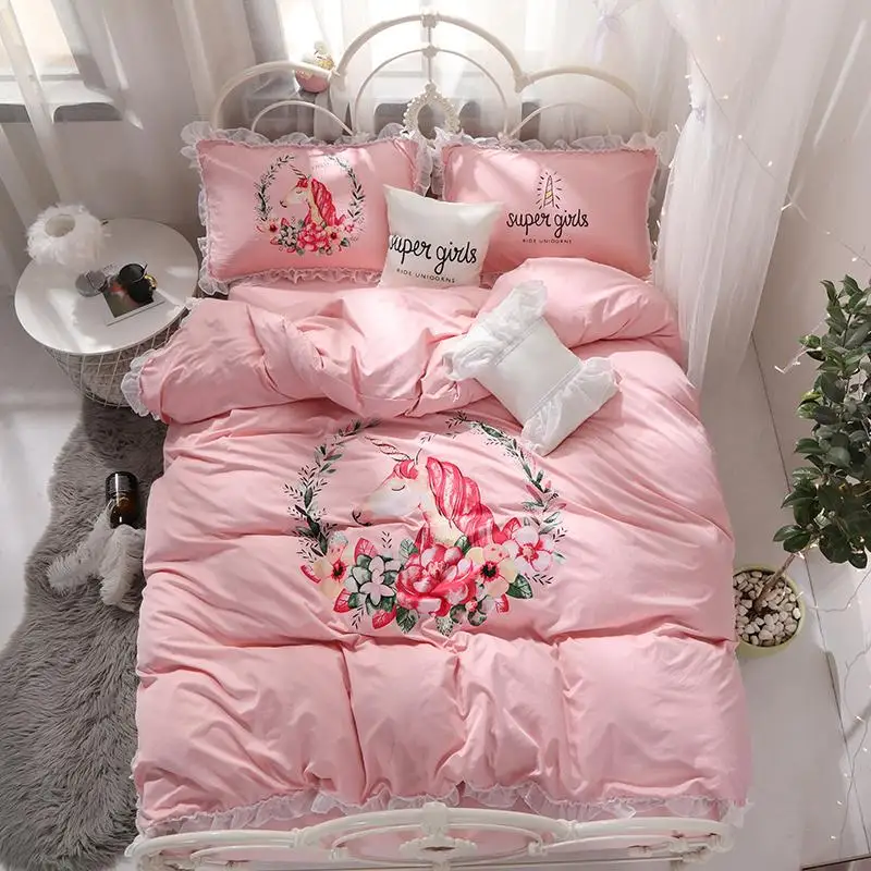 

42 Luxury cartoon Styel Bedding set embroidery Unicorn Duvet cover flat Sheet/Linen Pillowcases 4pcs for girls bed cover