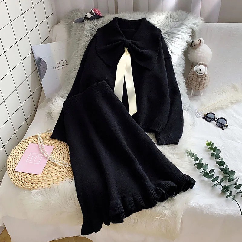 

Женский трикотажный комплект из 2 предметов, свитер с бантом и юбка-годе, Однотонная юбка-русалка, новинка зимы 2021