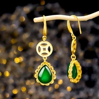 trendy women 14k gold drop earring chinese style classic coins gemstone earrings emerald wedding gifts fine jewelry female