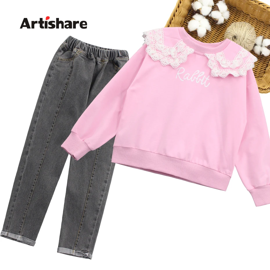 Детская одежда Кружевная футболка + джинсы комплект для девочек с буквенным