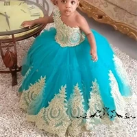 african girls gold flower girl dresses ball gown one shoulder cheap knot bow long tulle girls birthday first communion for kids