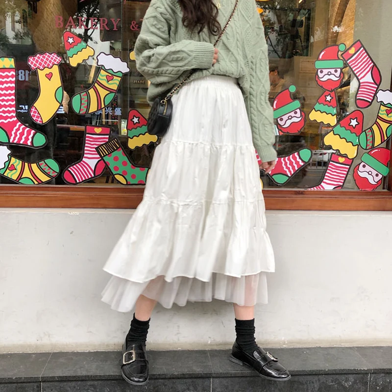 

PEONFLY Women Long Skirt 2021 Korean Fashion Solid A Line High Waist Maxi Skirt Female Aesthetic Mesh Patchwork White Skirt