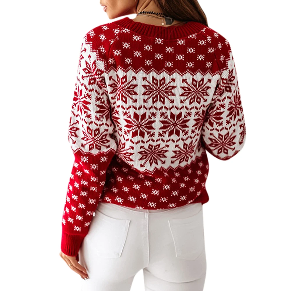 

VICABO Snowflake-Printing Sweater Christmas Red White o-Neck Long Sleeve Pullover 2020 Casual Festival Tops Warm Knitted Clothes