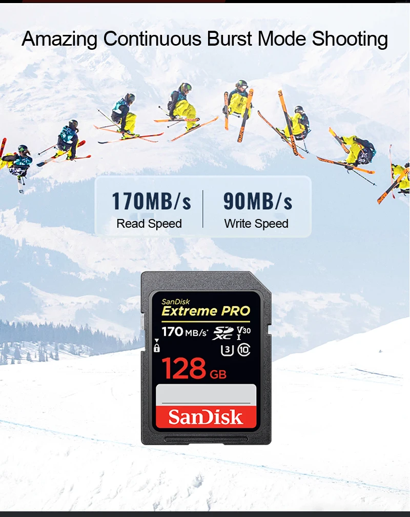 Sd-карта SanDisk Extreme Pro, 32 ГБ, 64 ГБ, 128 ГБ, 256 ГБ, SDHC, SDXC, UHS-I, класс 10, 95 м/с, Поддержка карт памяти V30, 4K для цифровой камеры