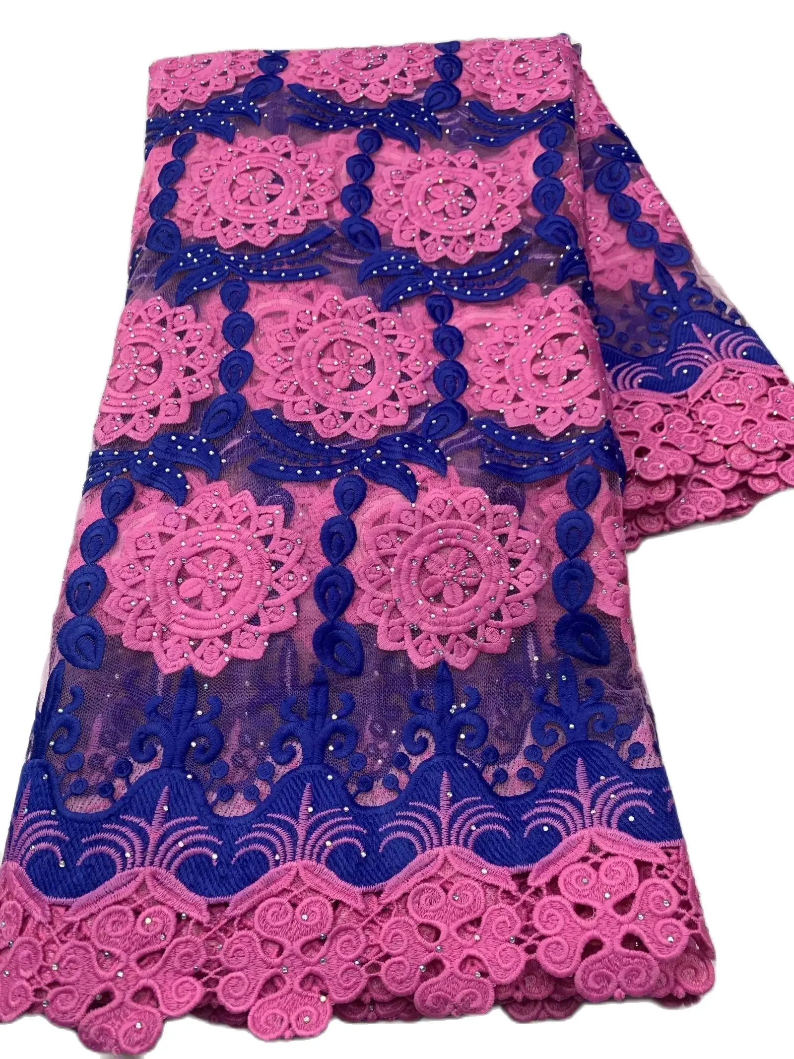 

Nice Lady Aso Ebi Wedding Party Fushia Pink Matching Royal Blue Color Turtle Net Lace Many Stones Embroidery Tulle Fabric T046