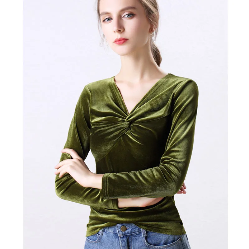 Autumn Woman Bottom Shirt Velvet Retro V-neck 2020 New Slim Long Sleeve Womans Shirts Bottoming Red Black Green | Женская одежда