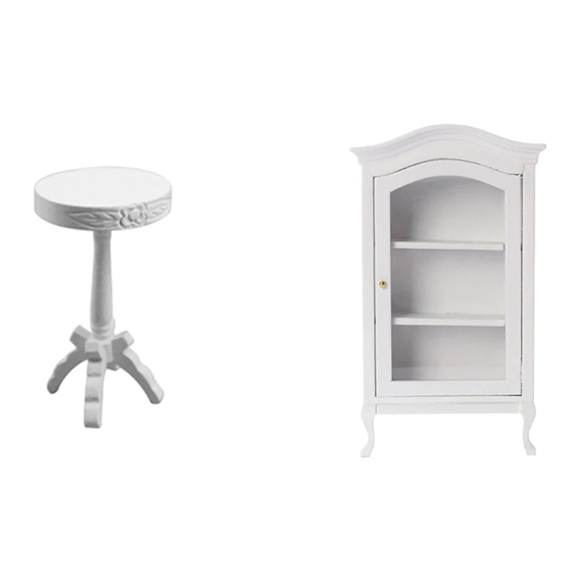 

2 Pcs 1/12 Scale Dollhouse Miniature Accessories: 1 Pcs Flower Stand Chair & 1 Pcs Wood Display Cupboard Showcase