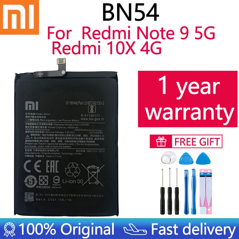 

Оригинальный телефонный аккумулятор Xiao Mi BN54 для XIAOMI Redmi Note 9 BN54 5020 мАч, сменный литий-ионный полимерный аккумулятор 3,85 В с инструментами