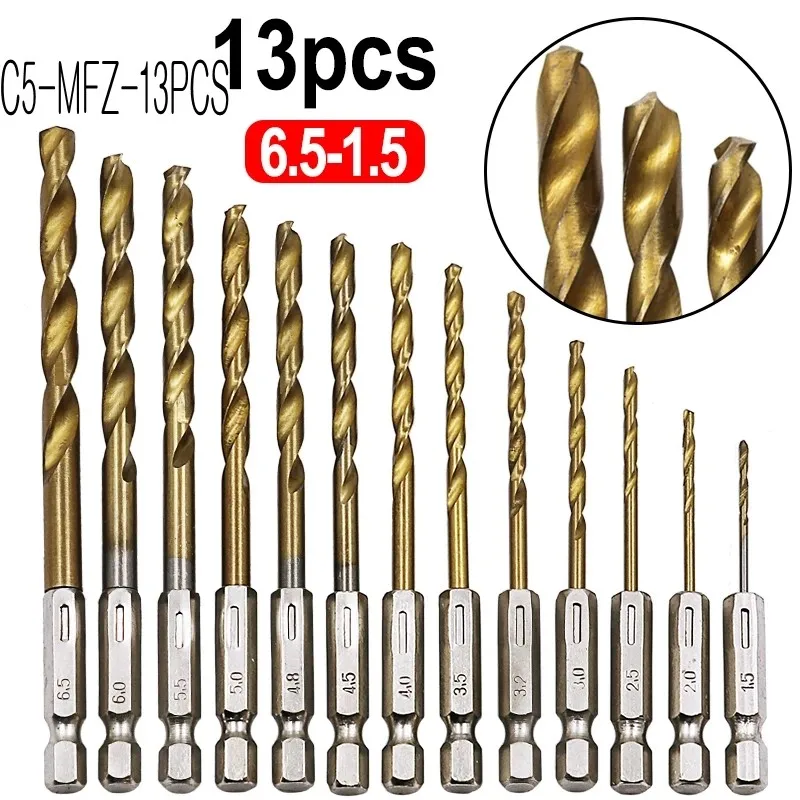 13 Pcs Lot 1.5-6.5mm Hss High Speed Steel Titanium Coated Hex Shank Twist Drill Bit Woodworking Metal Plastic Impact Drill Tools