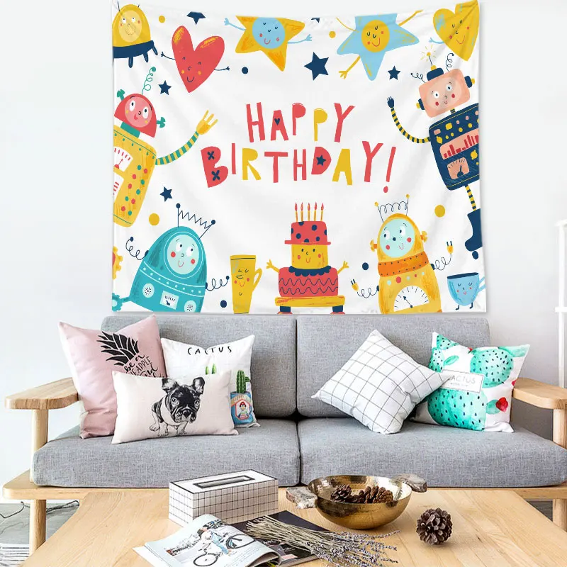 

Happy Birthday Tapestry Wall Hanging Home Decor Cartoon Cute Animal Tapestries Kids Room Decorative Living Room 73*95cm
