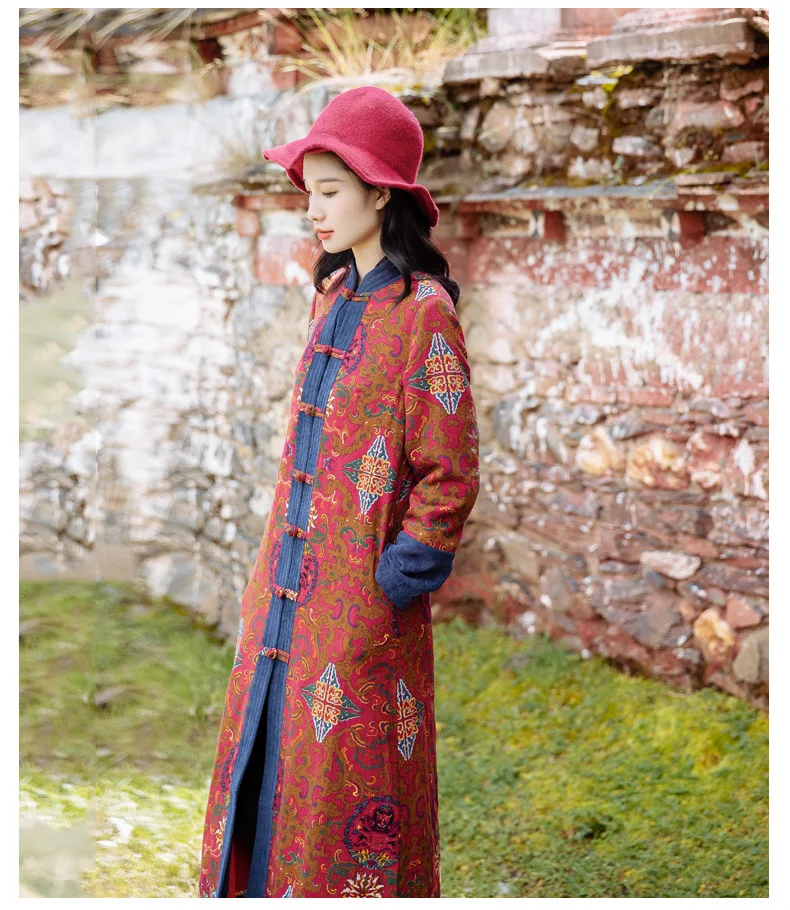 Autumn and winter Tibetan style women's clothing retro Chinese style Tang style coat Chinese style long loose windbreaker
