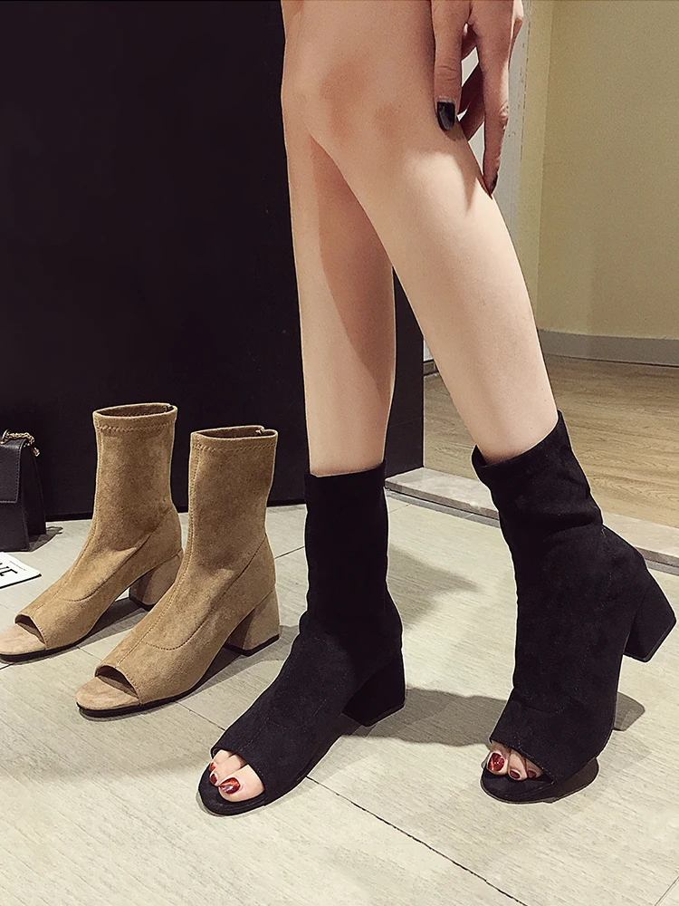 Женские ботинки с открытым носком Новинка осени 2019 толстые тонкие