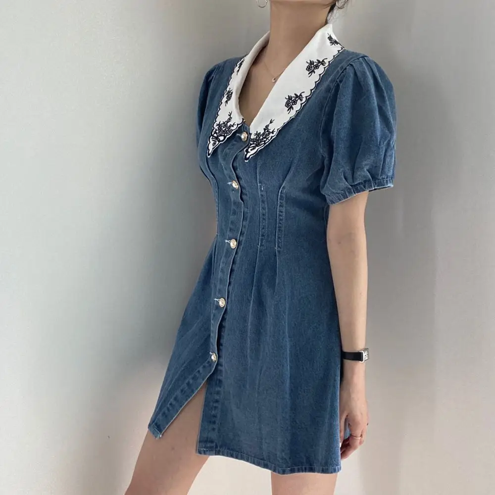 

Alien Kitty Vintage Embroidery Florals Chic Denim 2021 Hot Slim Summer Short Sleeves Cowboy Prom Gentle Mini Dresses Vestidos