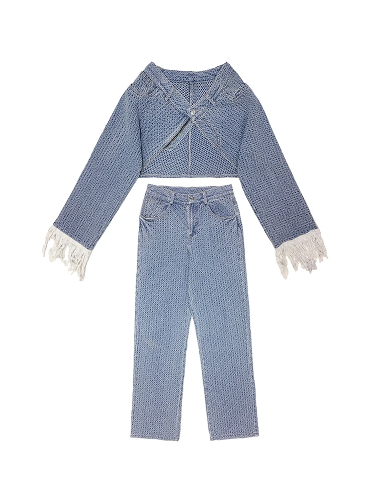 

TVVOVVIN And 2020 New Autumn Winter Turn-down Collar Flare Sleeves High Waist Short Denim Jacket And Full Length Pants Set 23ZT