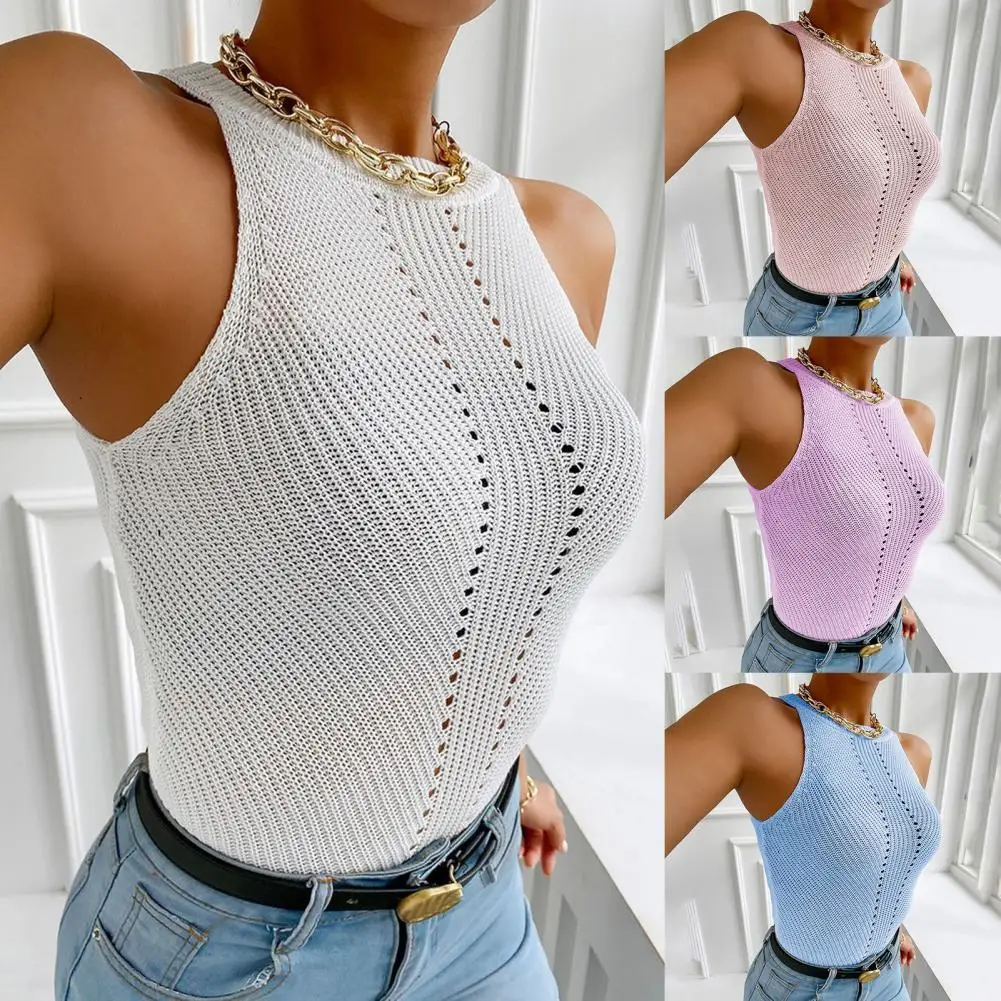 

Vest Sleeveless Knitted Sexy Top Women Round Neck Hollow Out Solid Color Tank Top Daily Commute