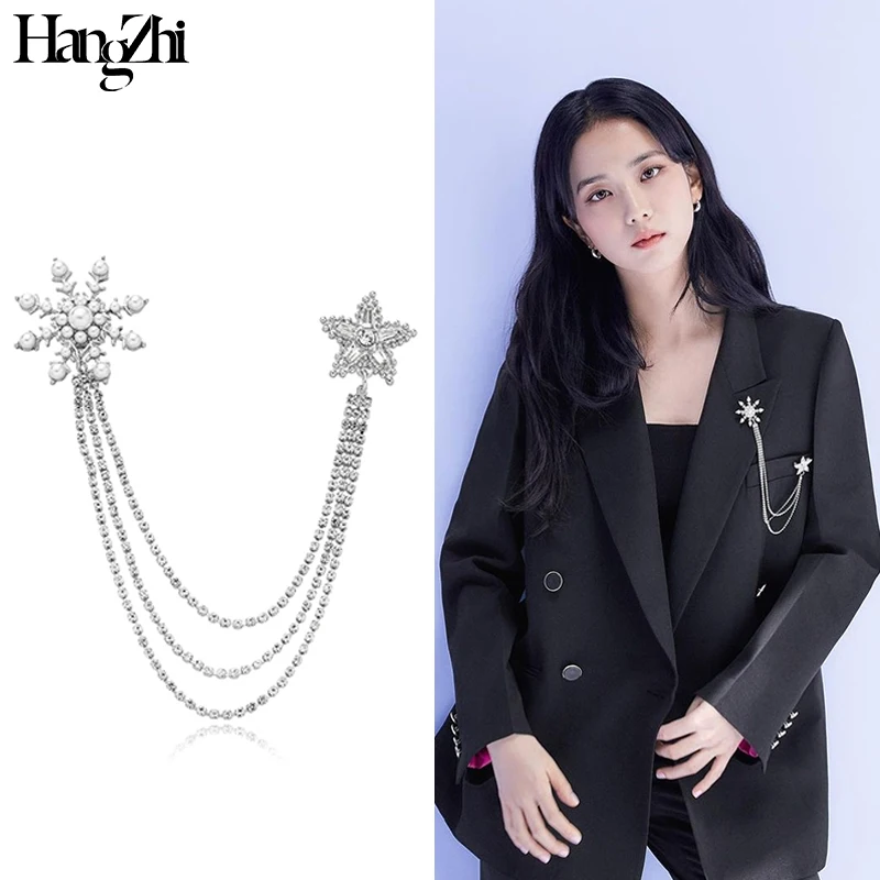 

HangZhi Pearl Snowflake Star Brooch for Women Girls Trendy Shiny Zircon Chain Suit Accessory Kpop Blackpink Jisoo Same Jewelry