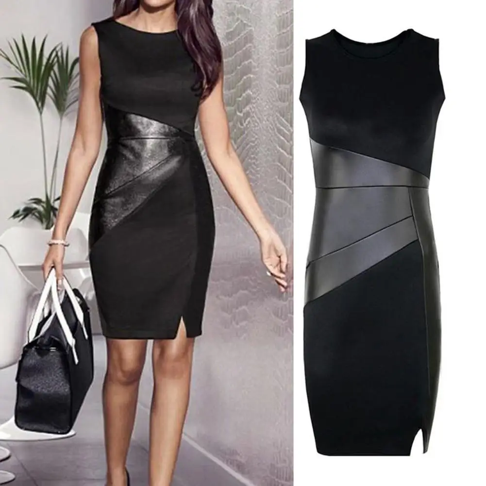 

Fashion Lady Patchwork Sleeveless Slit Bodycon Midi Cocktail Party Banquet Dress Comfortable Slim Fit Stylish Plus Size Dress