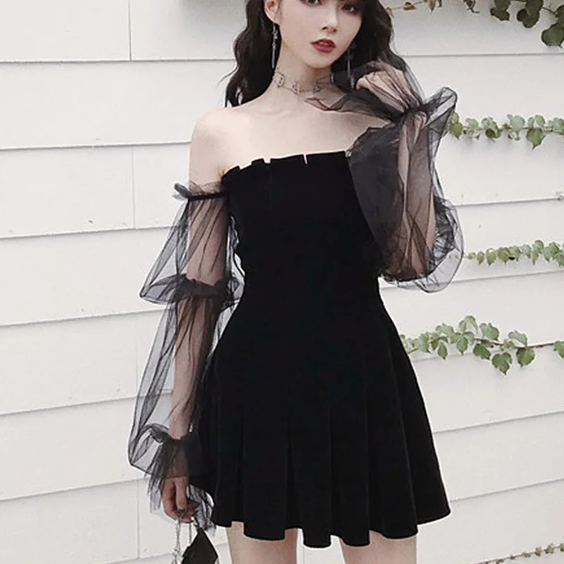 

XUXI 2021 Spring Autumn Thin Dress Women Chest Wrapping Lace Stitching Velvet Draw Back Long Sleeves Strapless MINI Skirt E3846