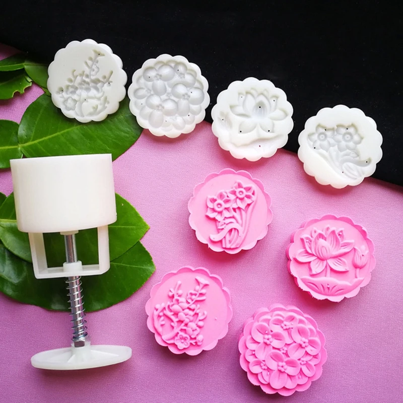 

75g Barrel Mooncake Mold with 4 Flower Stamps Cookie Cutter Hand Press Green Bean Pastry Mould DIY Bakeware Mid-autumn Festival