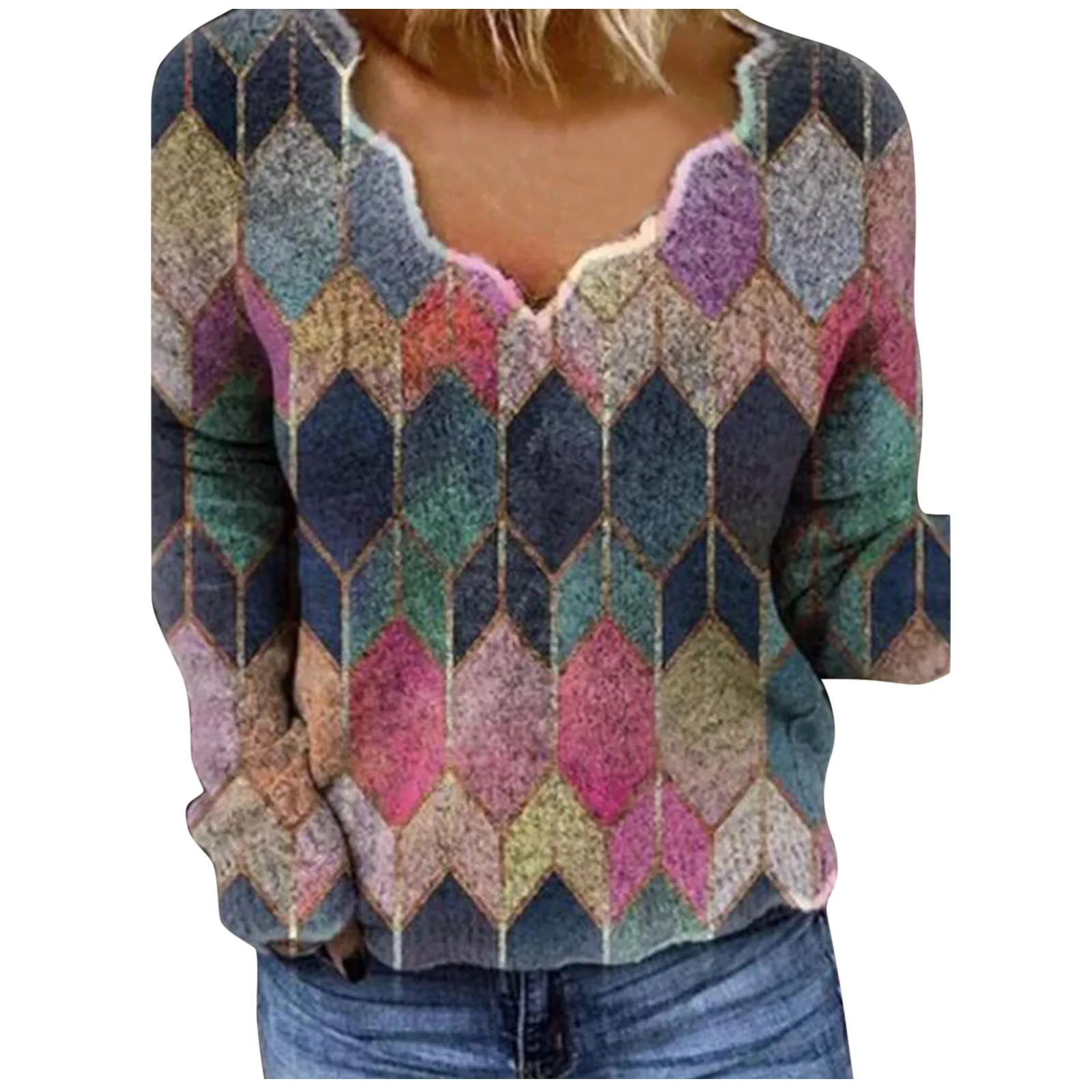 

Geometric print Lady Pullovers V-neck Long Sleeve Fleece Femme Sweater Neckline Embroidered Bottoming Autumn Winter Girl Blouse