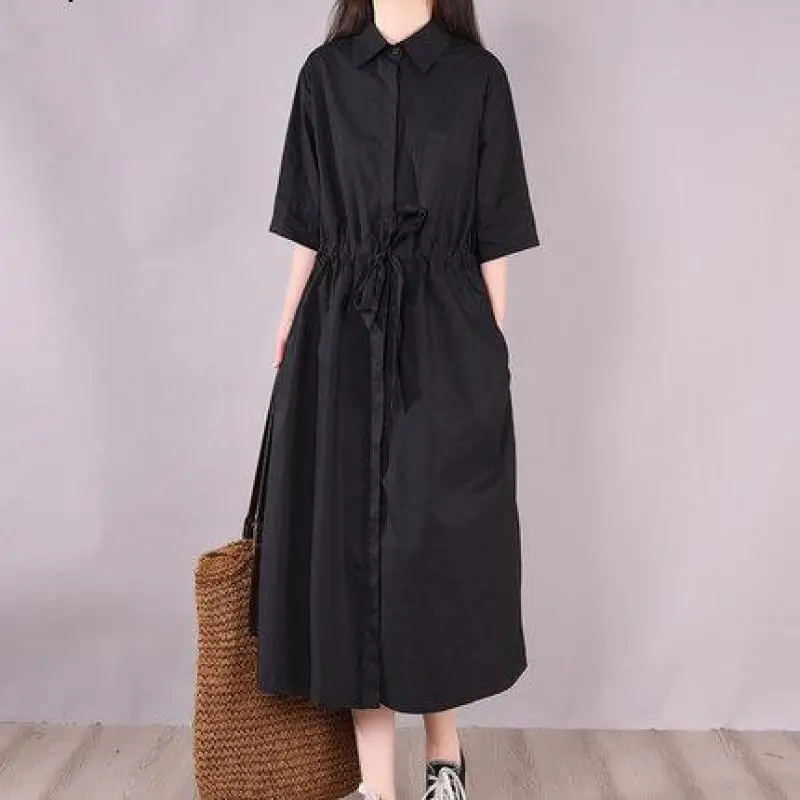 

2022 Autumn New Korean Loose Simple Pure Color Tie Waist Slimming Shirt Dress Casual Elegant All-match Women Dress Free Shipping