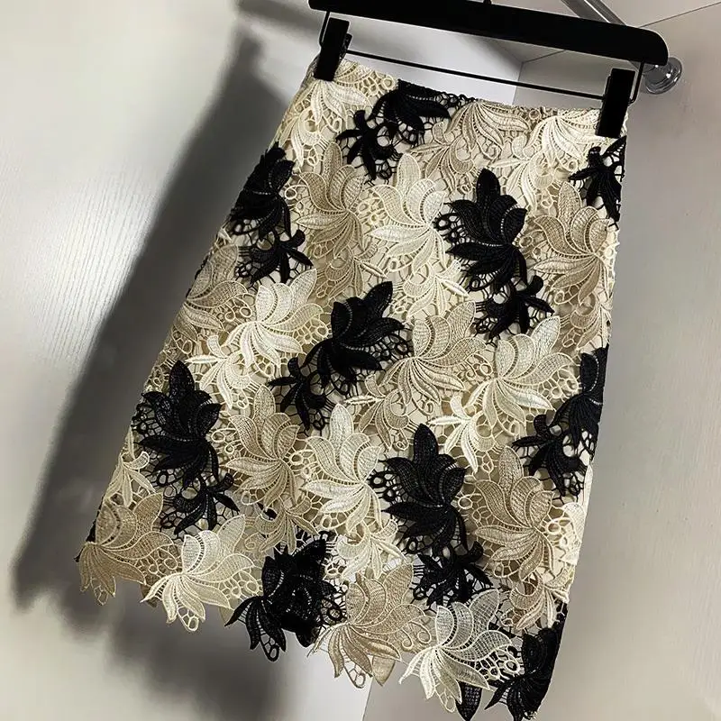 

2022 Summer Lace Skirt Women Flower Embroidery Skirks Hollow Out High Quality Ladies Pencil Skirts Office Lady Midi Saia