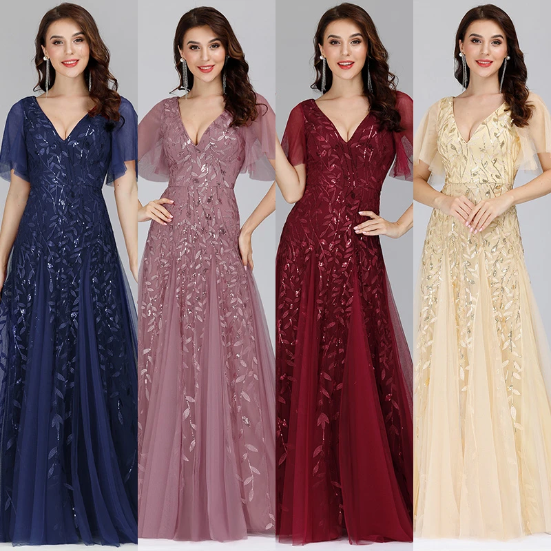 Розовые вечерние платья Ever Pretty EP00734OD А силуэта с двойным v образным вырезом и