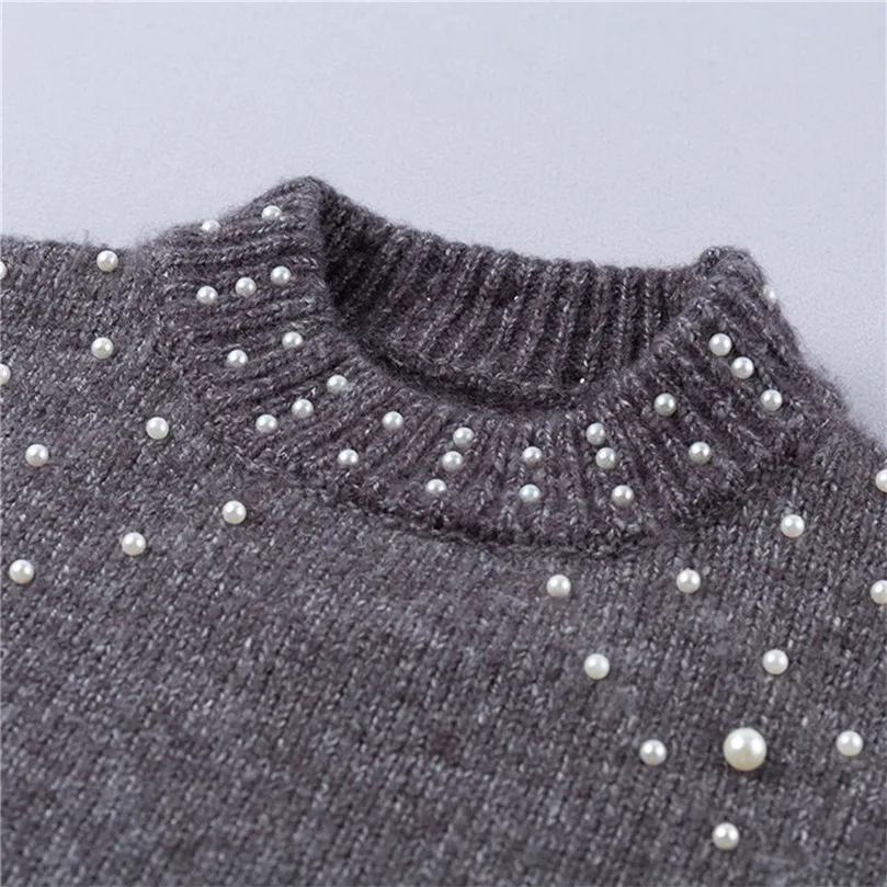 Casual Winter Warm Soft Turtleneck Knitted Sweaters Women Lantern Sleeve Pearl Beading Jumper Sweater Female Loose Gray J23 | Женская